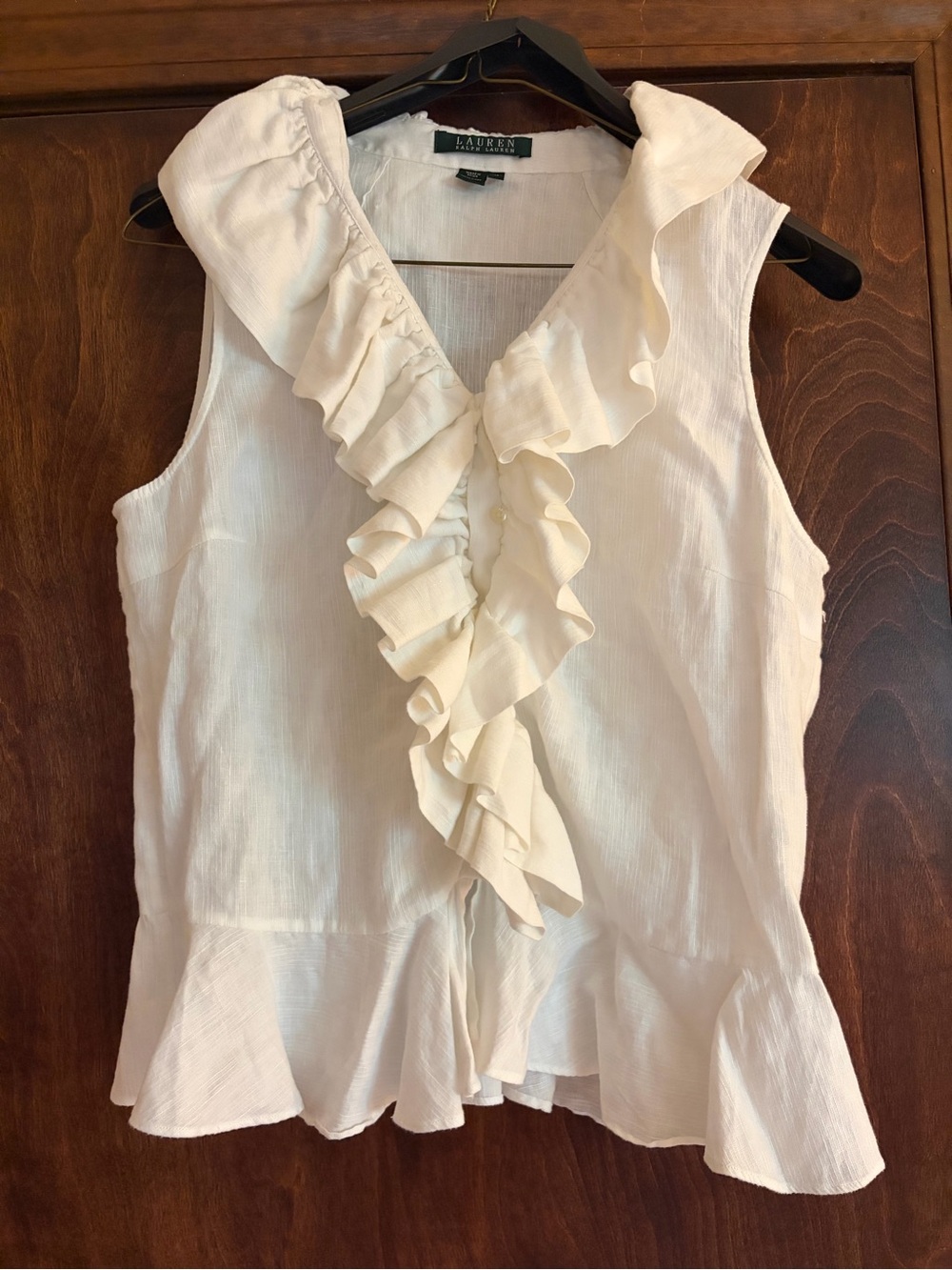 Ralph Lauren White Ruffle-Front Sleeveless Blouse